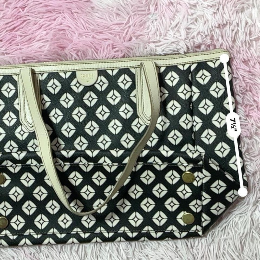 Fossil Tote‎ Bag Black White Geometric Print Coated Canvas Purse Handbag - Picture 5 of 8